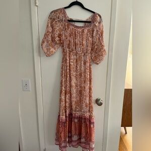 Peach Floral Tiered Maxi Dress with Puff Sleeves